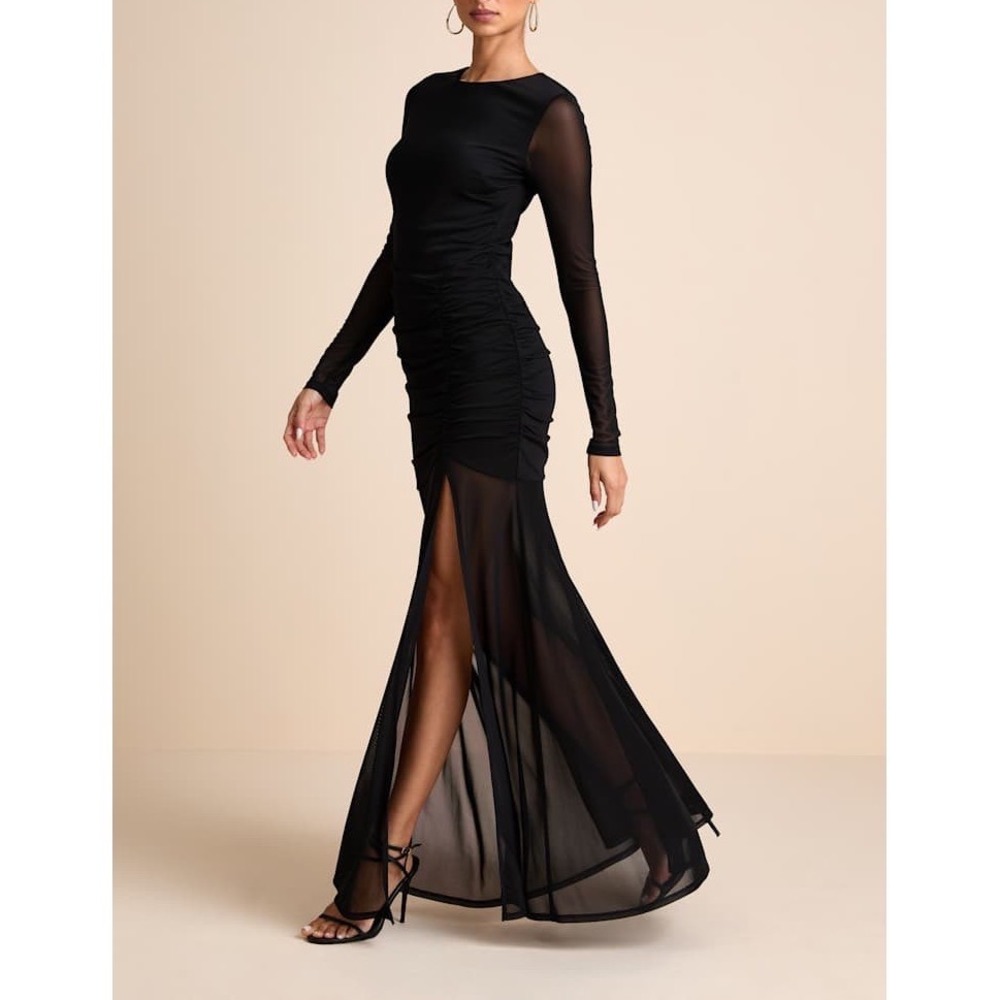 NWT Lulus Vibrant Poise Black Mesh Ruched Maxi Dress Medium